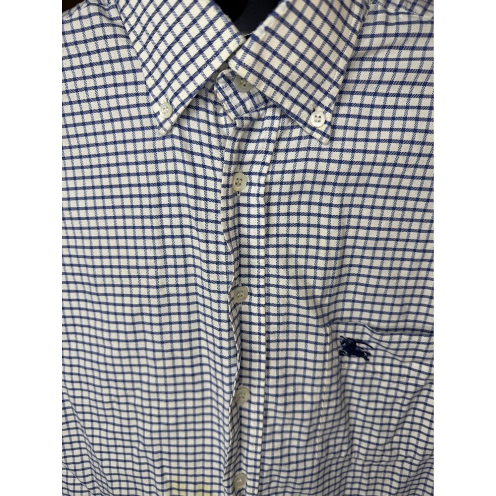 Burberry London Mens Small Blue White Check Button Down Shirt Embroidered Logo